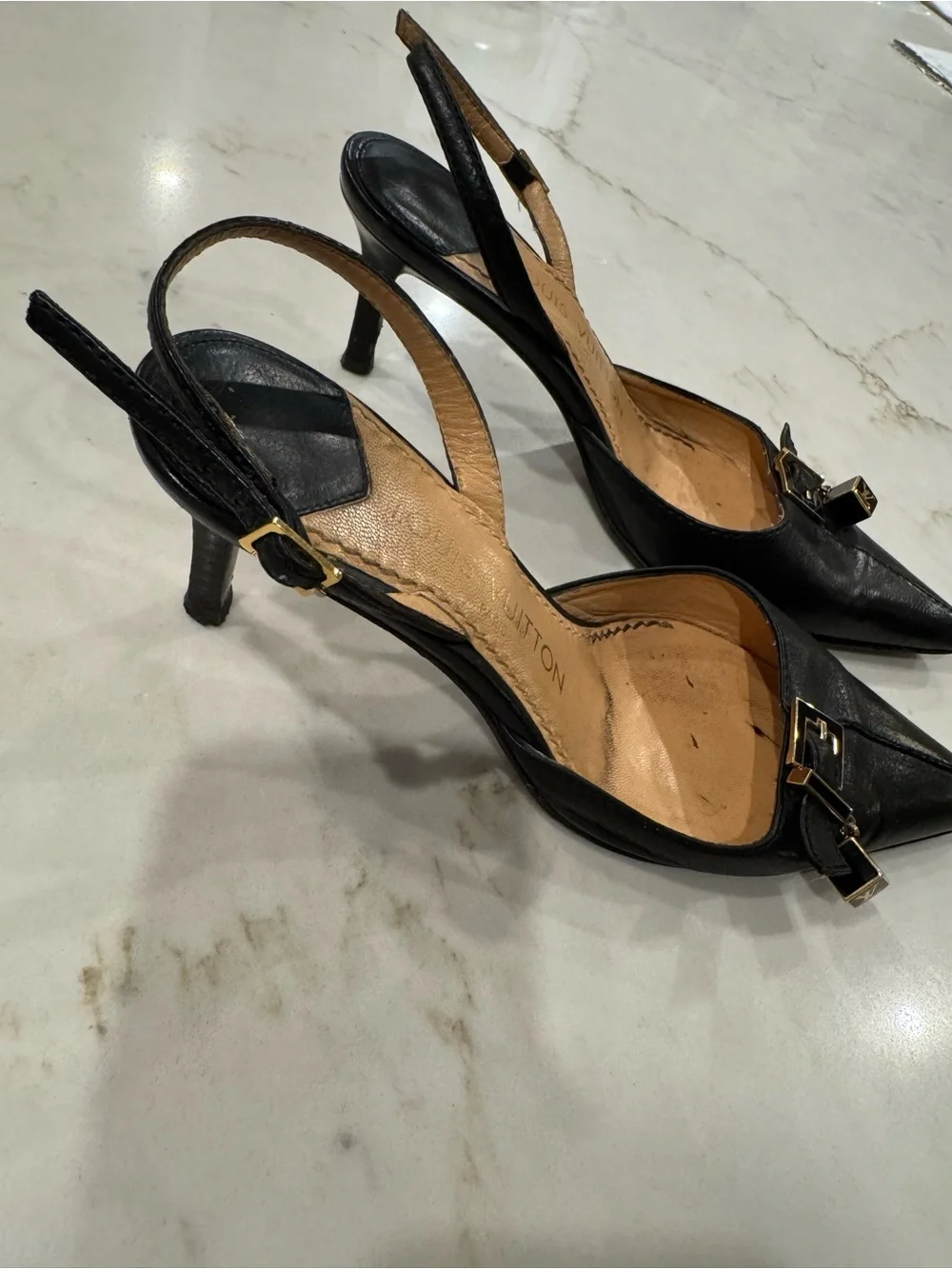 Vintage Louis Vuitton Black Pointed Leather Flats with Gold LV Charm